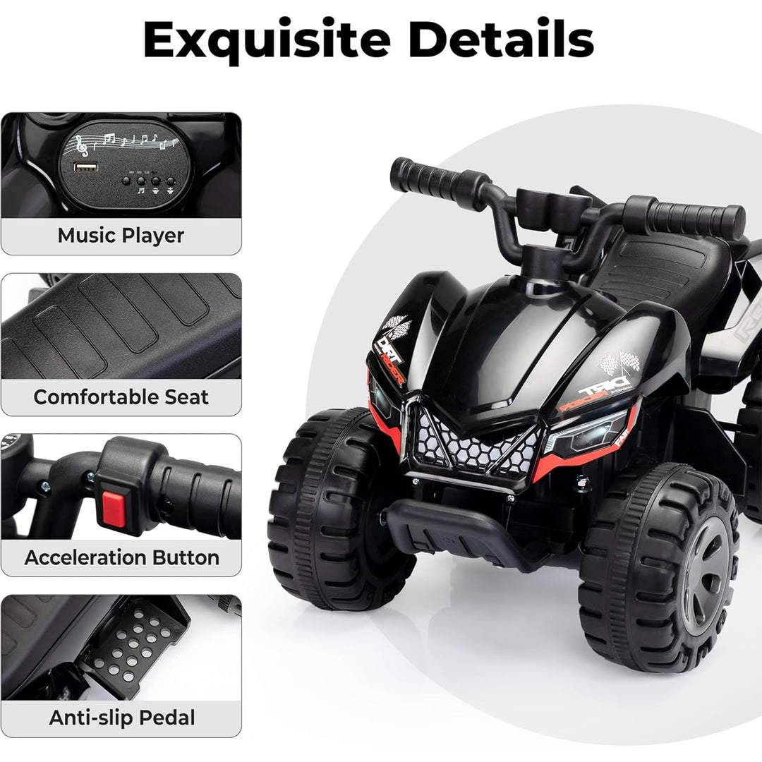 TOBBI Ride On 6 Volt ATV Car with Rear Mist Sprayer & LED Lights for Kids, Black