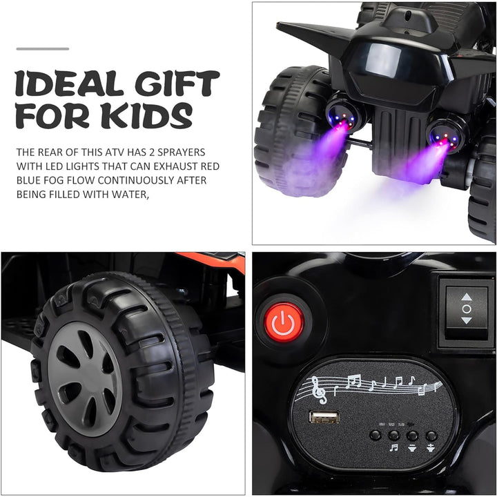 TOBBI Ride On 6 Volt ATV Car with Rear Mist Sprayer & LED Lights for Kids, Black