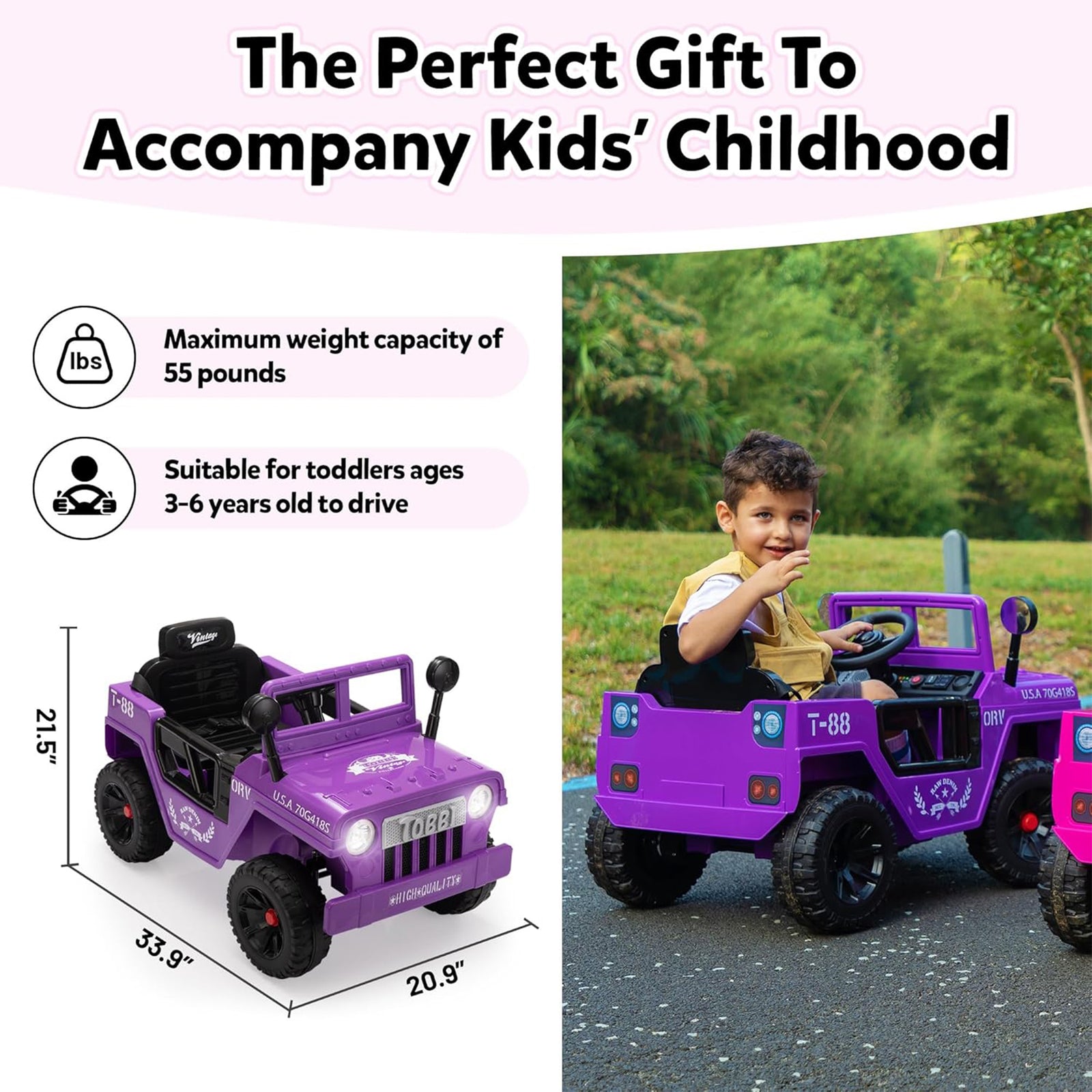 TOBBI 12V Kids Ride-On Truck Electric Car w/ Off-Road Wheels, LED Lights, Purple - VMInnovations