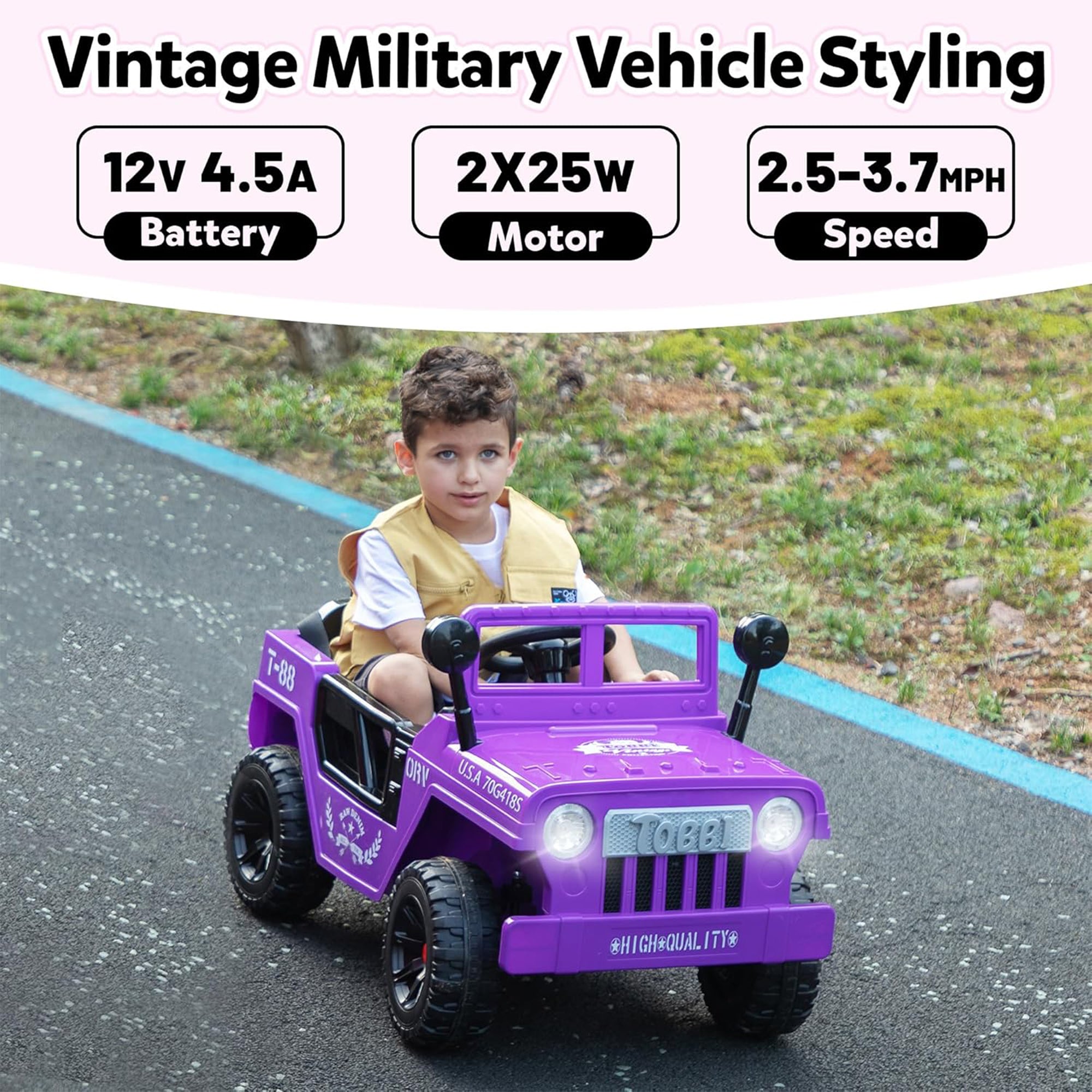 TOBBI 12V Kids Ride-On Truck Electric Car w/ Off-Road Wheels, LED Lights, Purple - VMInnovations