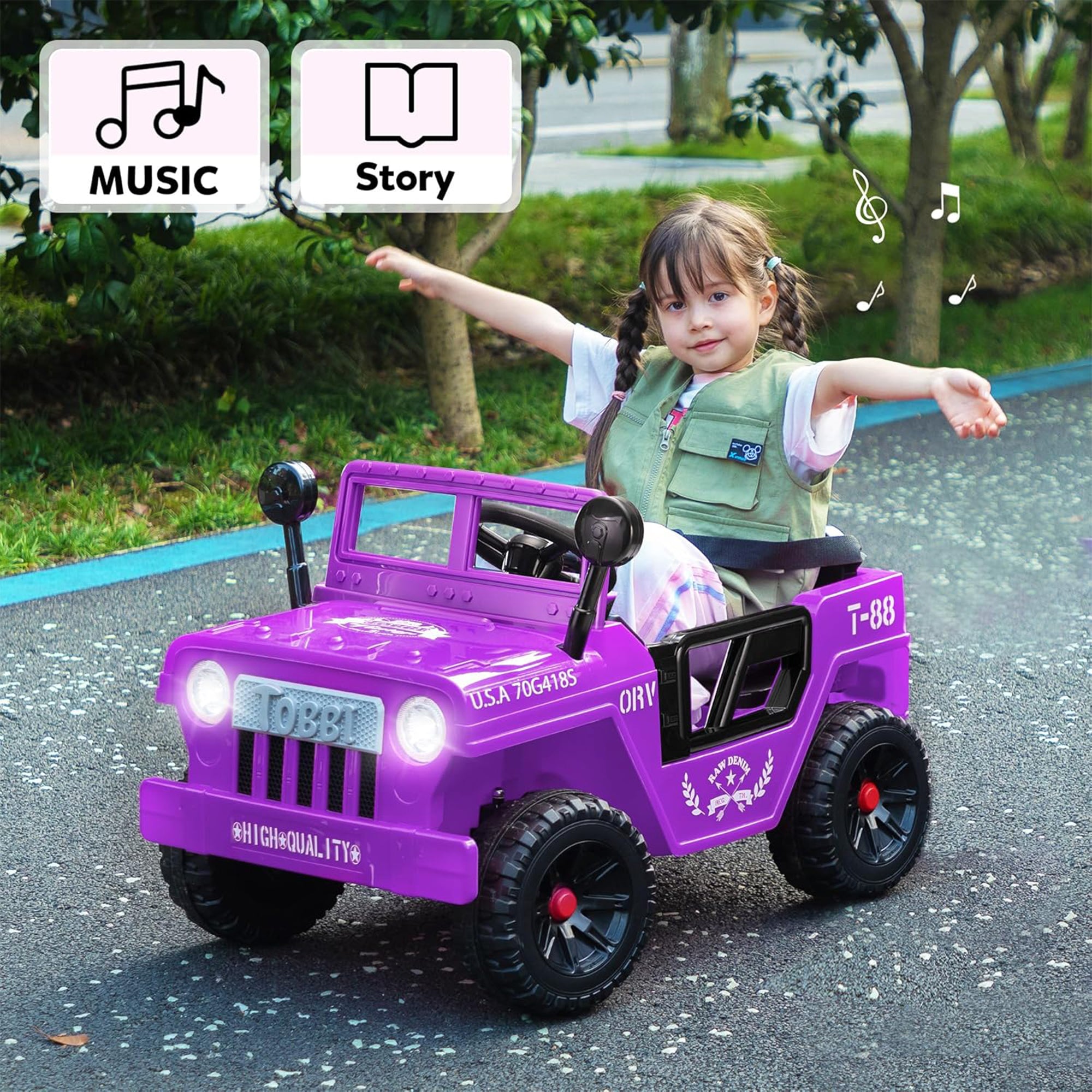 TOBBI 12V Kids Ride-On Truck Electric Car w/ Off-Road Wheels, LED Lights, Purple - VMInnovations