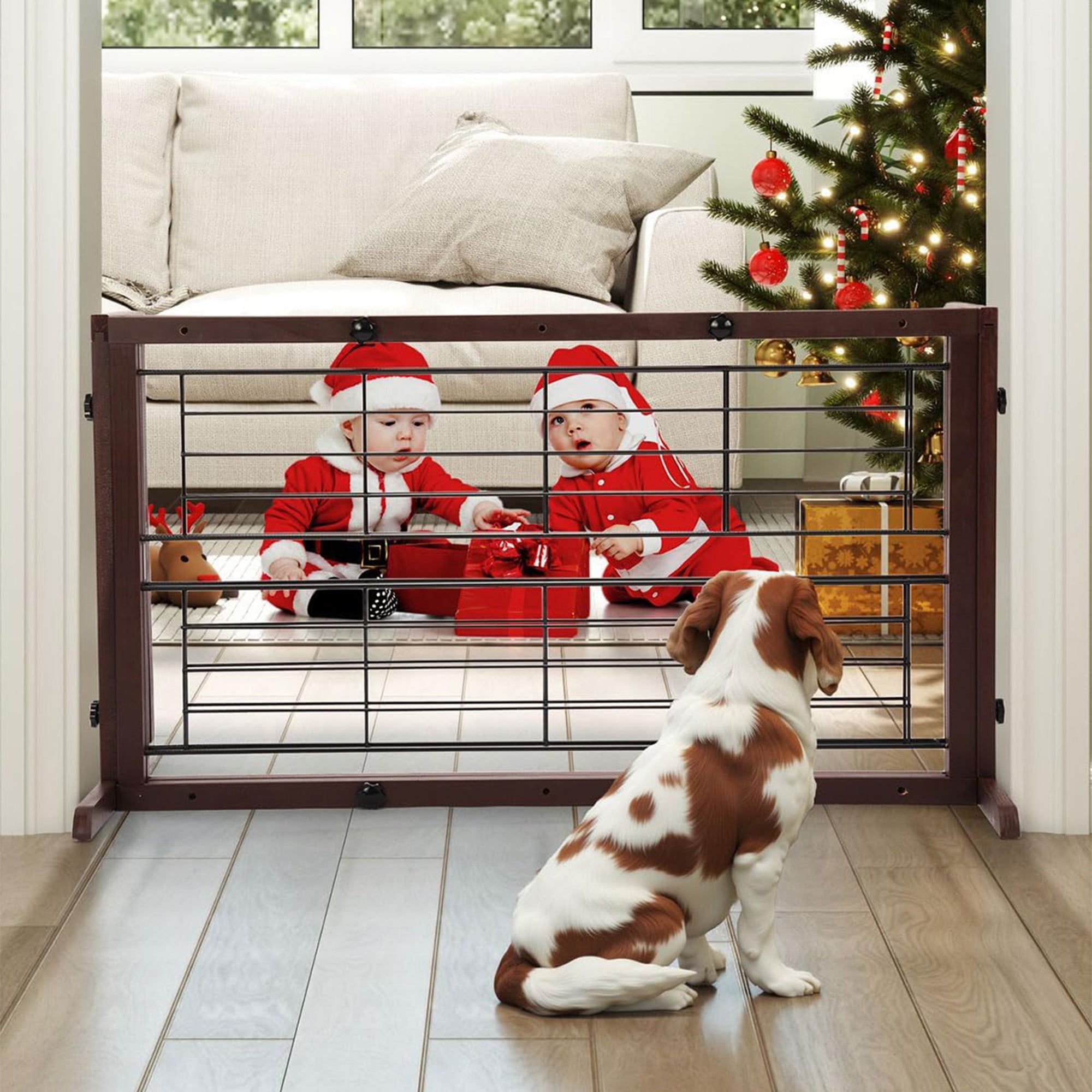 COZIWOW Freestanding Dog Gate Indoor with Side Panels for Stairs, 71 In, Brown - VMInnovations