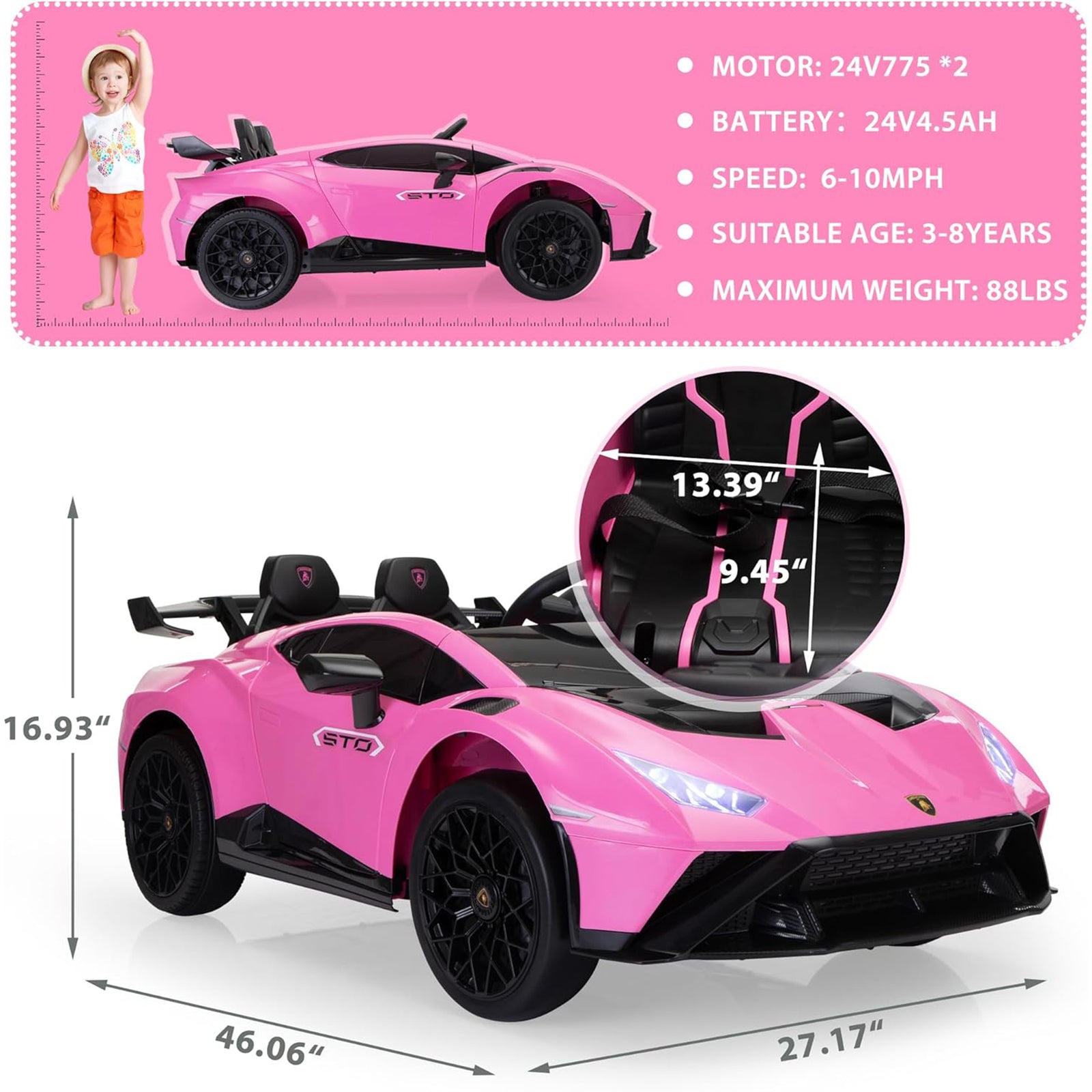 TOBBI 24 Volt Lamborghini Electric Car Toy with Remote Control Included, Pink - VMInnovations