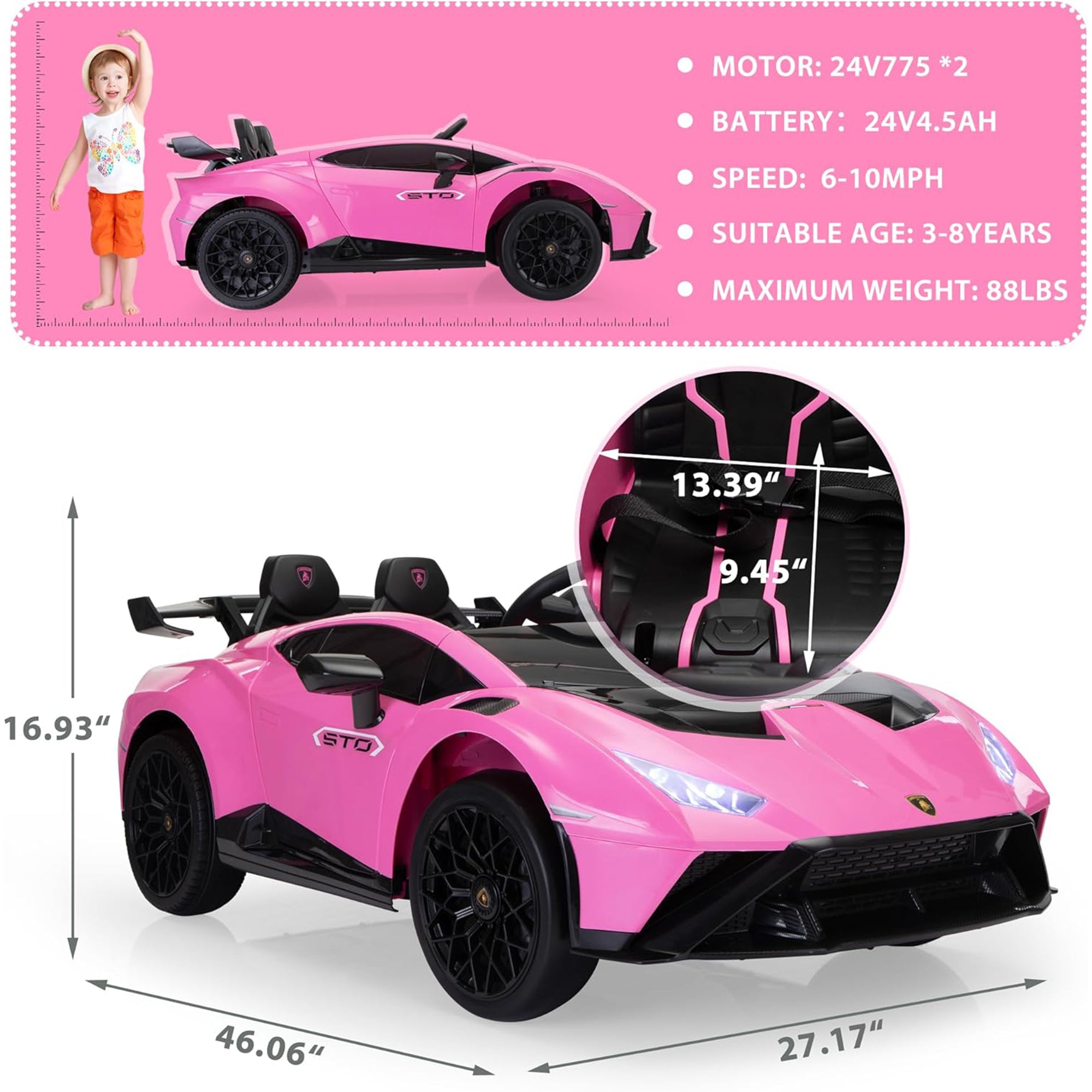 TOBBI 24 Volt Lamborghini Electric Car Toy with Remote Control Included, Pink - VMInnovations