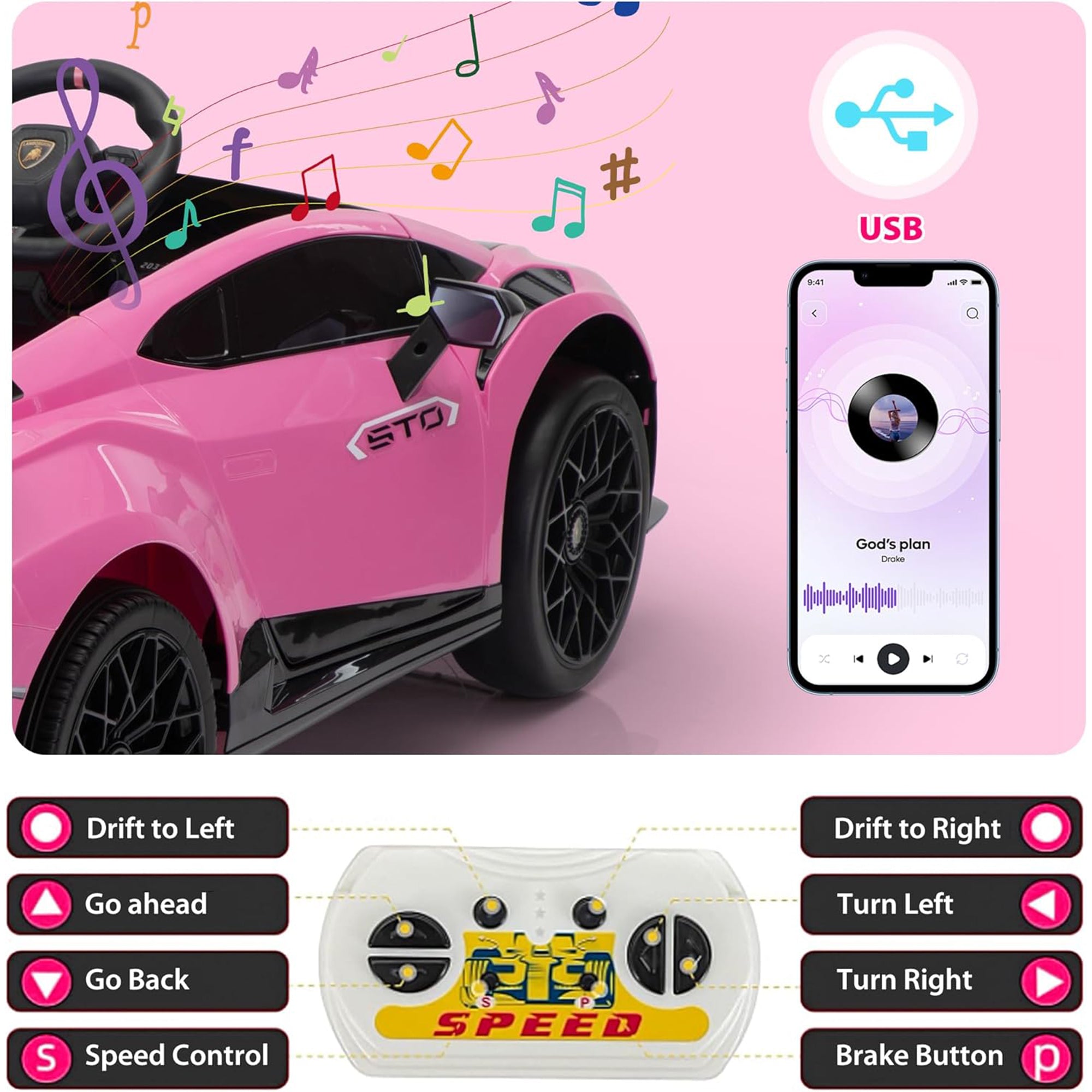 TOBBI 24 Volt Lamborghini Electric Car Toy with Remote Control Included, Pink - VMInnovations