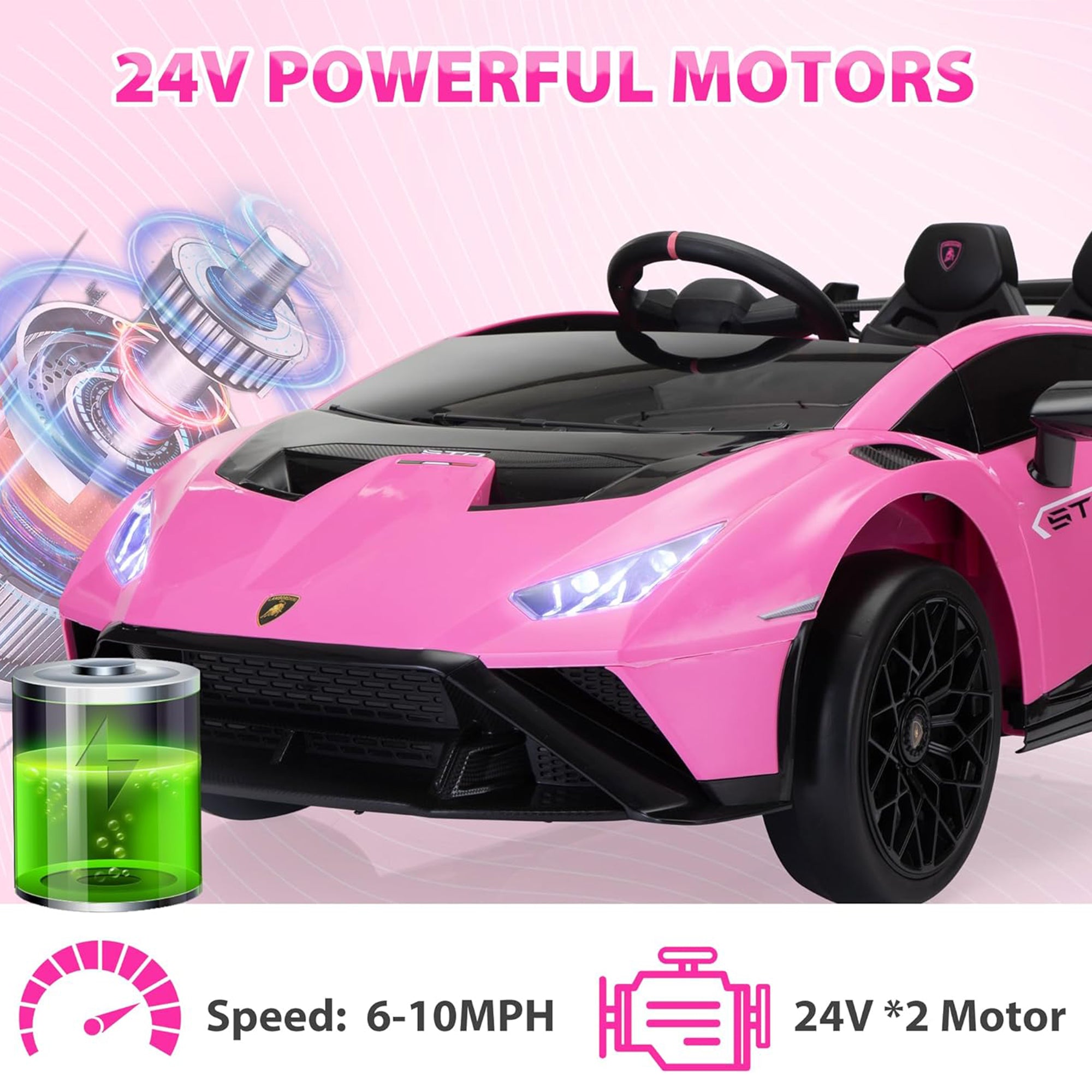 TOBBI 24 Volt Lamborghini Electric Car Toy with Remote Control Included, Pink - VMInnovations