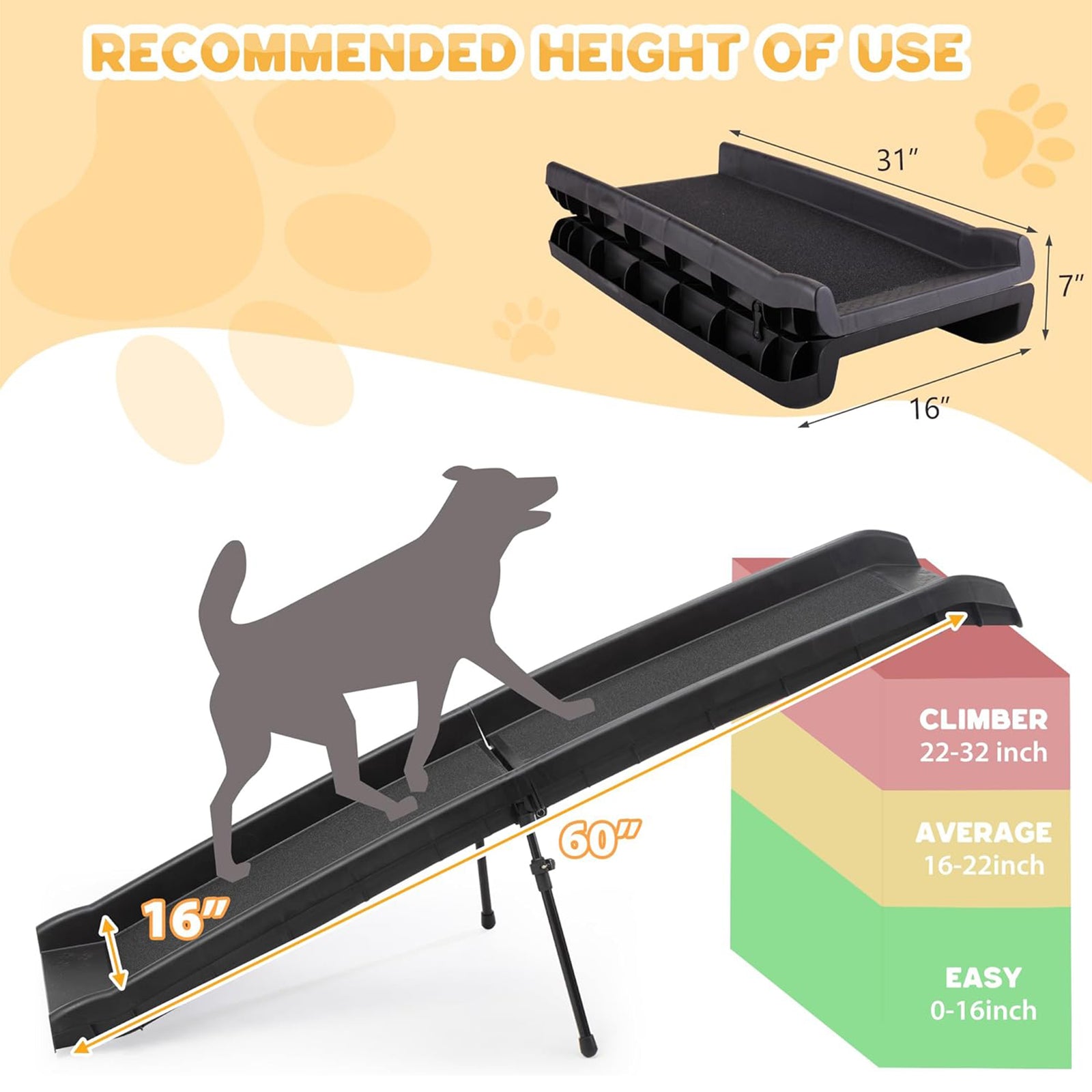COZIWOW Portable Folding Dog Ramp with Non Skid Surface Steps, 62 Inches, Black - VMInnovations