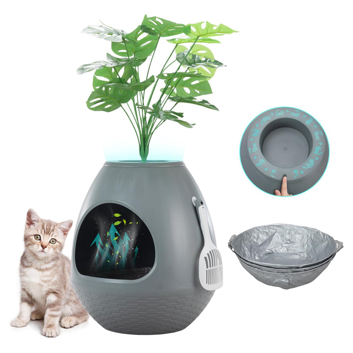 COZIWOW Eggloa6 Extra Large Hidden Plant Cat Litter Box with Odor Control, Grey