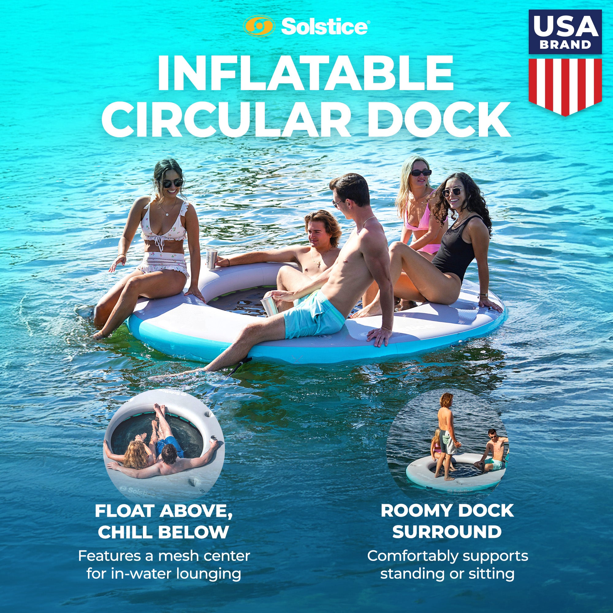 Solstice Original Inflatable Mesh Dock Floating 8 Foot Round Water Mat Lounger - VMInnovations