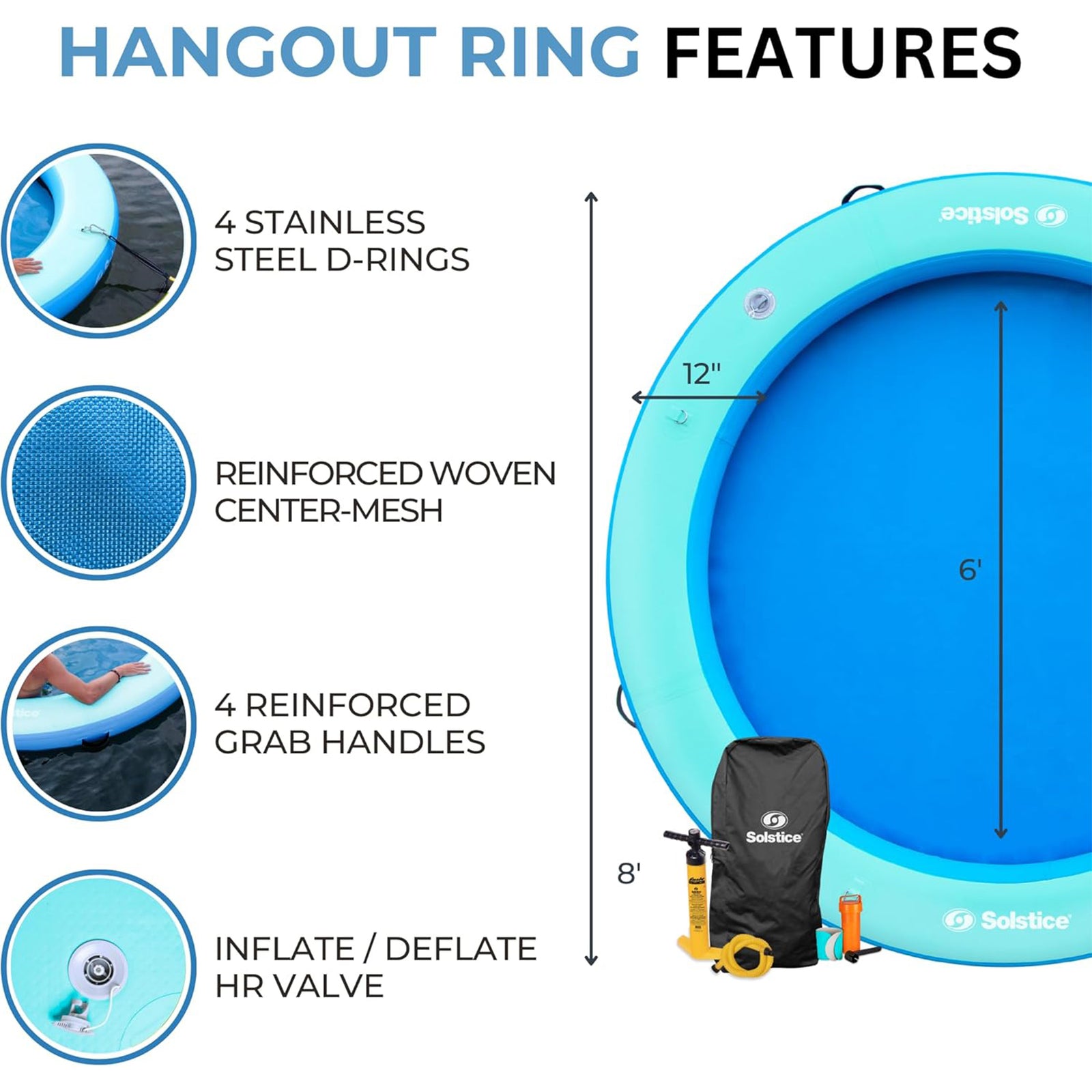 SOLSTICE Circular Inflatable Mesh Dock Platform for Lake Boat Pool Ocean, 8' - VMInnovations
