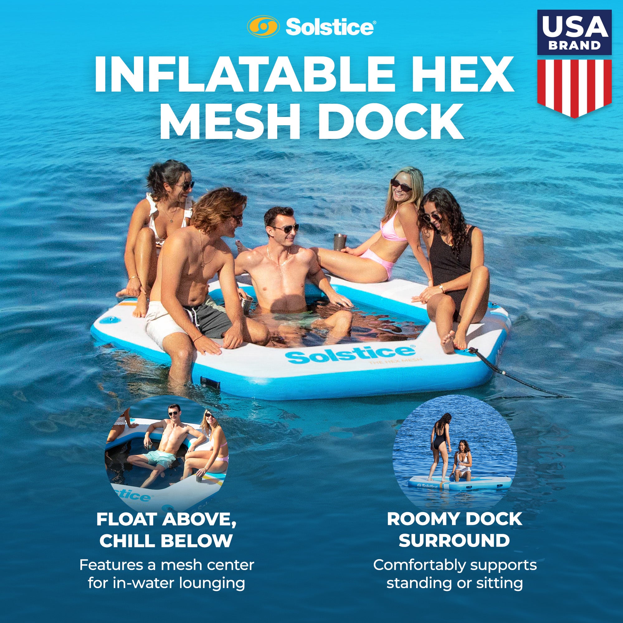 SOLSTICE Hexagon Inflatable Mesh Dock Platform for Lake Boat Pool Ocean, 8'x6" - VMInnovations