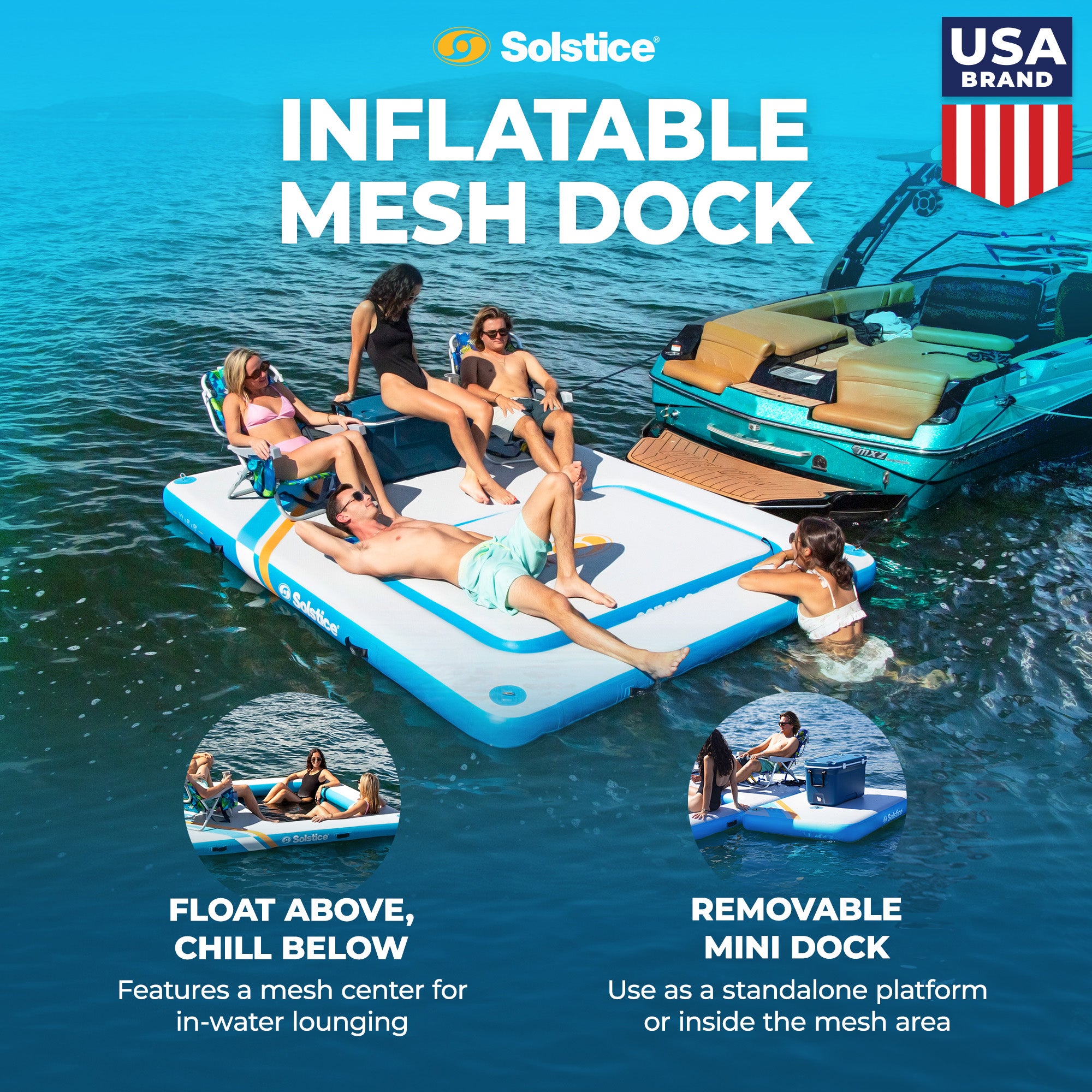 SOLSTICE Original Inflatable Mesh Dock Platform for Lake Boat Pool Ocean, 10'x8' - VMInnovations
