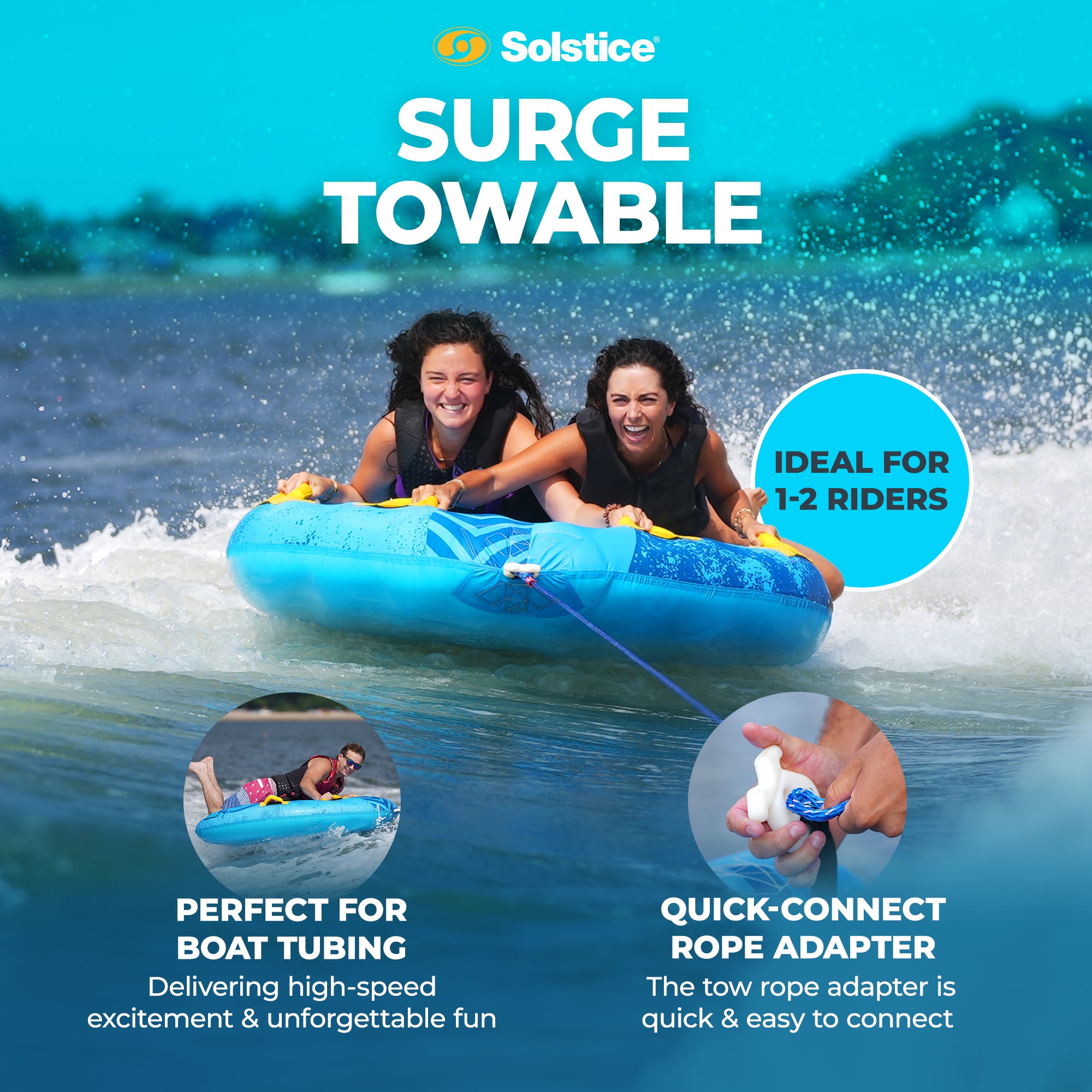 Solstice Surge Inflatable Towable 2-Person Water Sport Tube with 6 Handles - VMInnovations