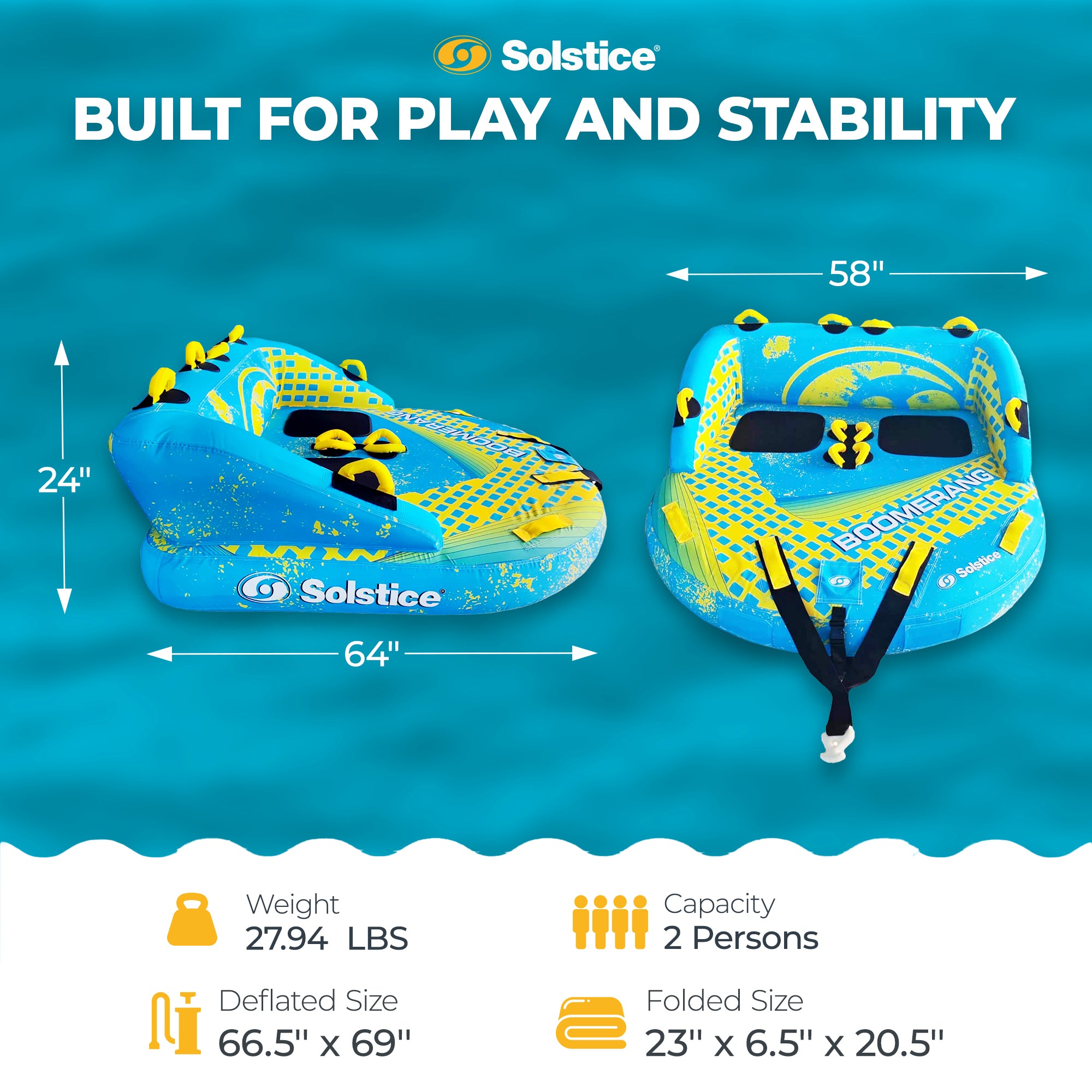 Solstice Boomerang Inflatable Towable 2-Person Water Sport Tube with 14 Handles - VMInnovations