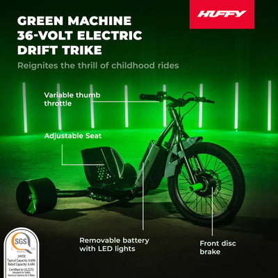 Huffy Green Machine Drift Trike 250W 36V Electric Kart, Ages 14+, Black/Green