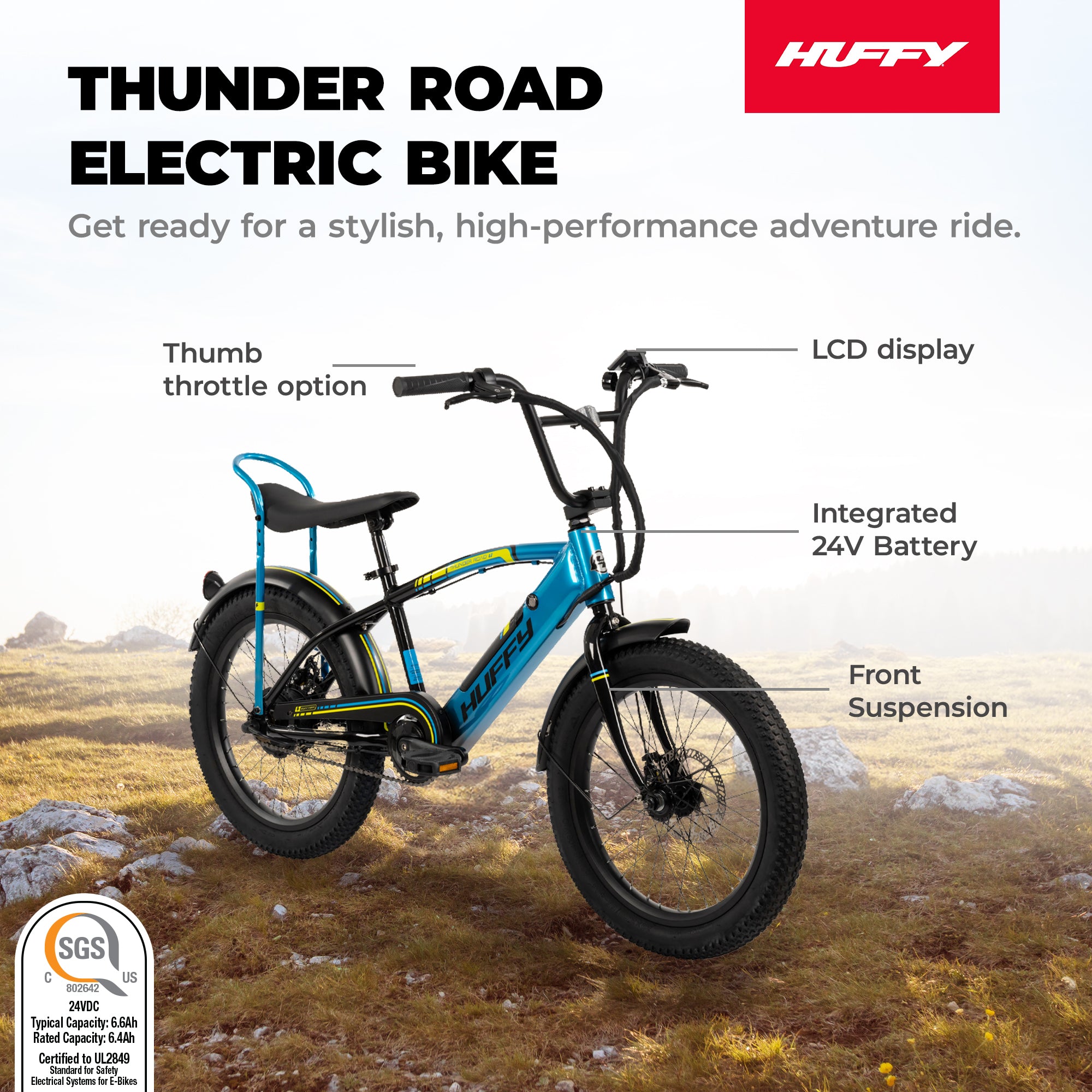 Huffy 20" Thunder Road 250W Motor Outdoor Electric Bike, Ages 13+, Teal/Black - VMInnovations