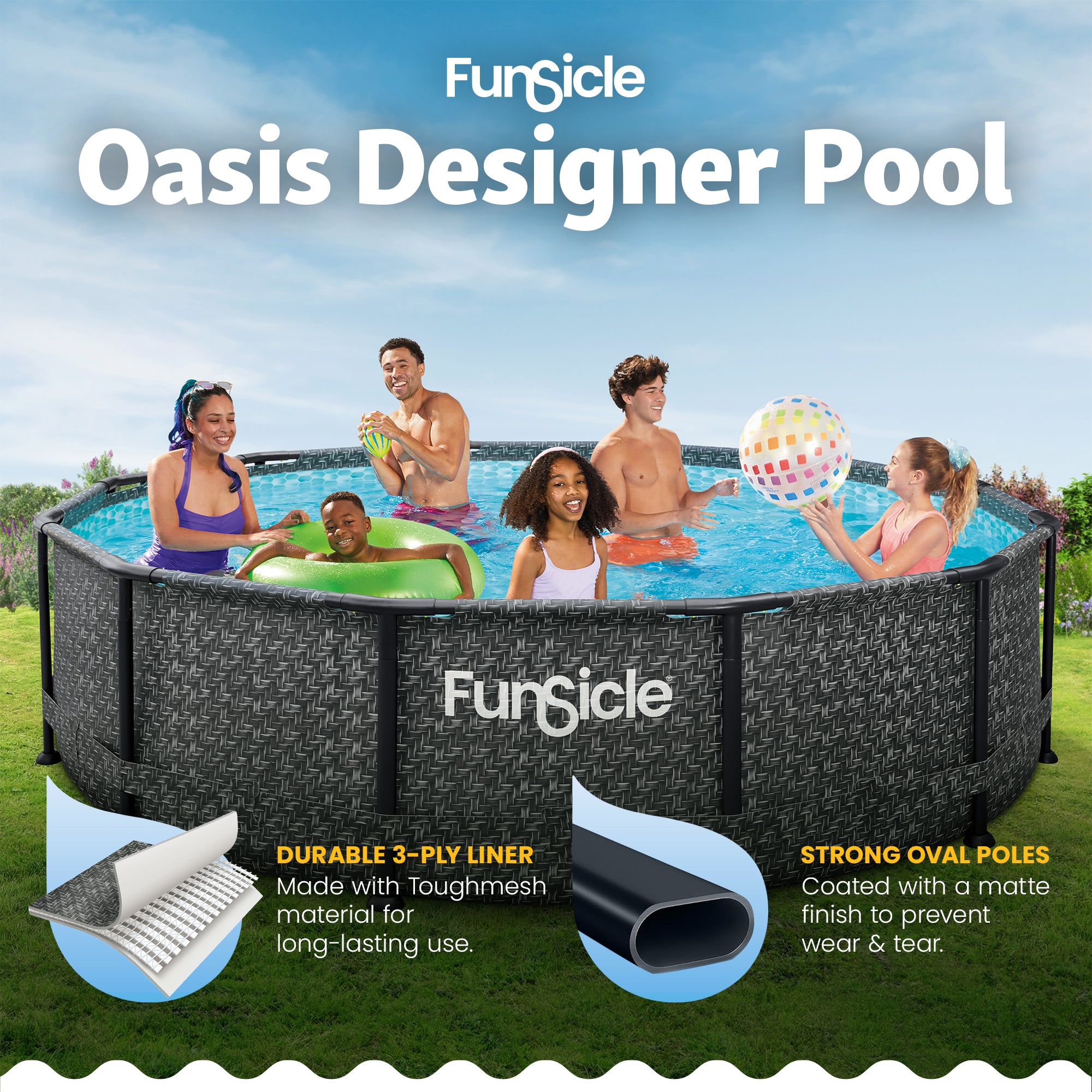 Funsicle 12' x 36" Oasis Designer Round Above Ground Pool, Dark Herringbone - VMInnovations