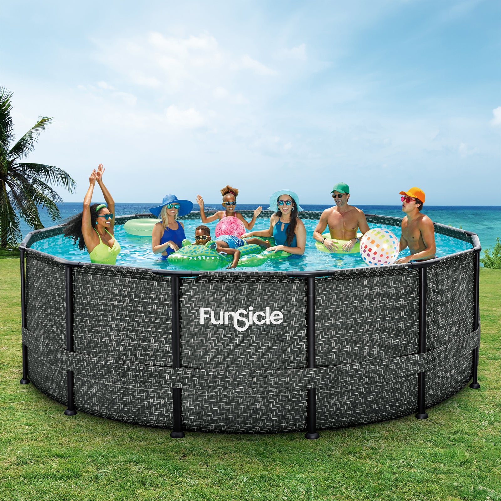 Funsicle 14' x 48" Oasis Designer Round Above Ground Pool,Dark Herringbone(Used) - VMInnovations