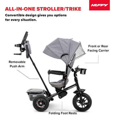 Huffy Malmo Luxe 4 in 1 Canopy Tricycle w/ Push Handle for Toddlers, Gray/Black