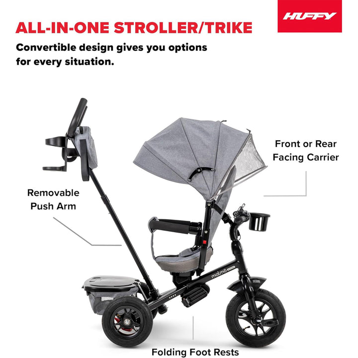 Huffy Malmo 4 in 1 Canopy Tricycle w/ Push Handle for Toddlers, Gray/Black(Used)