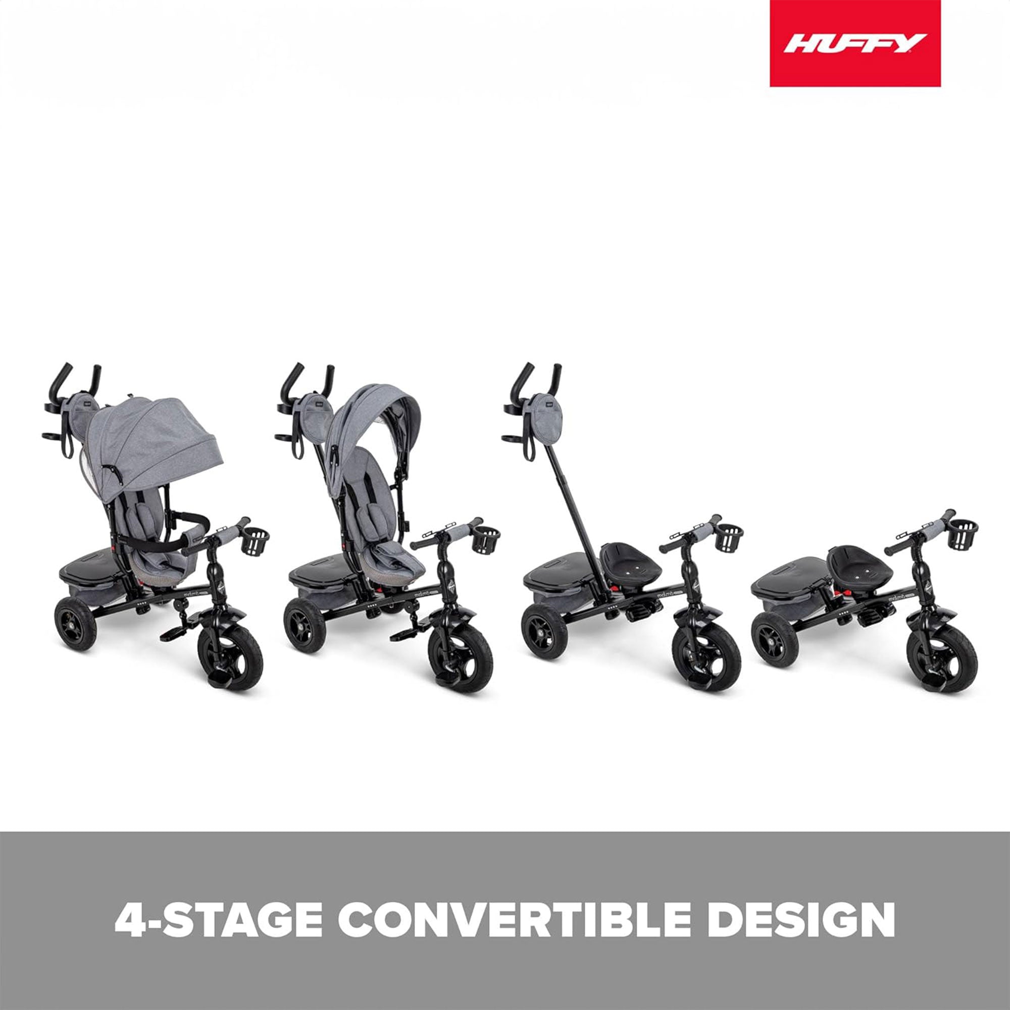 Huffy Malmo 4 in 1 Canopy Tricycle w/ Push Handle for Toddlers, Gray/Black(Used) - VMInnovations
