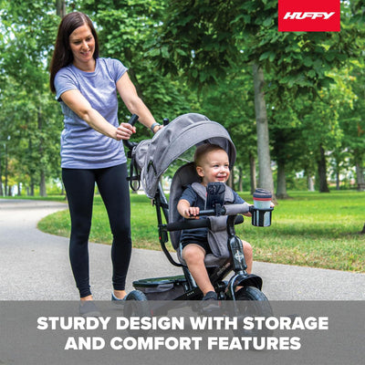 Huffy Malmo 4 in 1 Canopy Tricycle w/ Push Handle for Toddlers, Gray/Black(Used) - VMInnovations