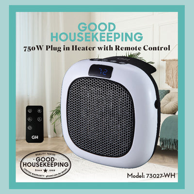 Good Housekeeping Wall-Mount Indoor Mini Space Heater w/ Thermostat, 750W, White - VMInnovations