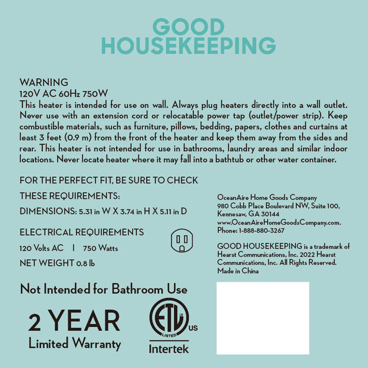 Good Housekeeping Wall-Mount Mini Space Heater w/ Thermostat, 750W, White (Used) - VMInnovations