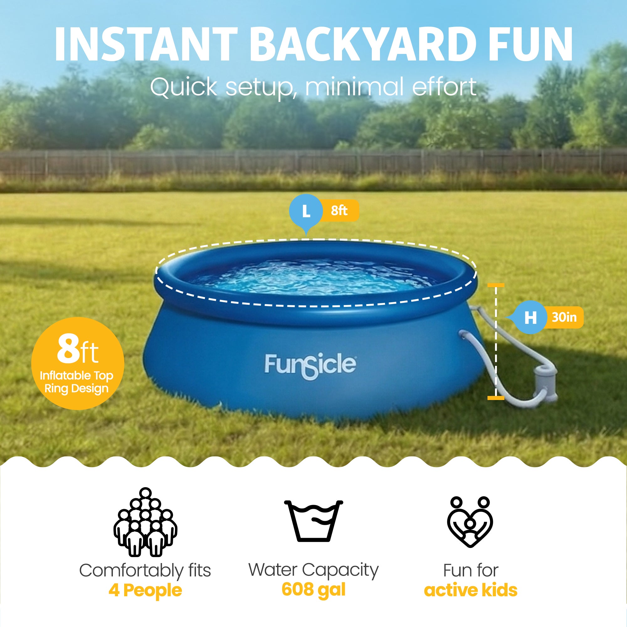 Funsicle QuickSet Inflatable Ring Top Outdoor Above Ground Pool w/Pump (Used)