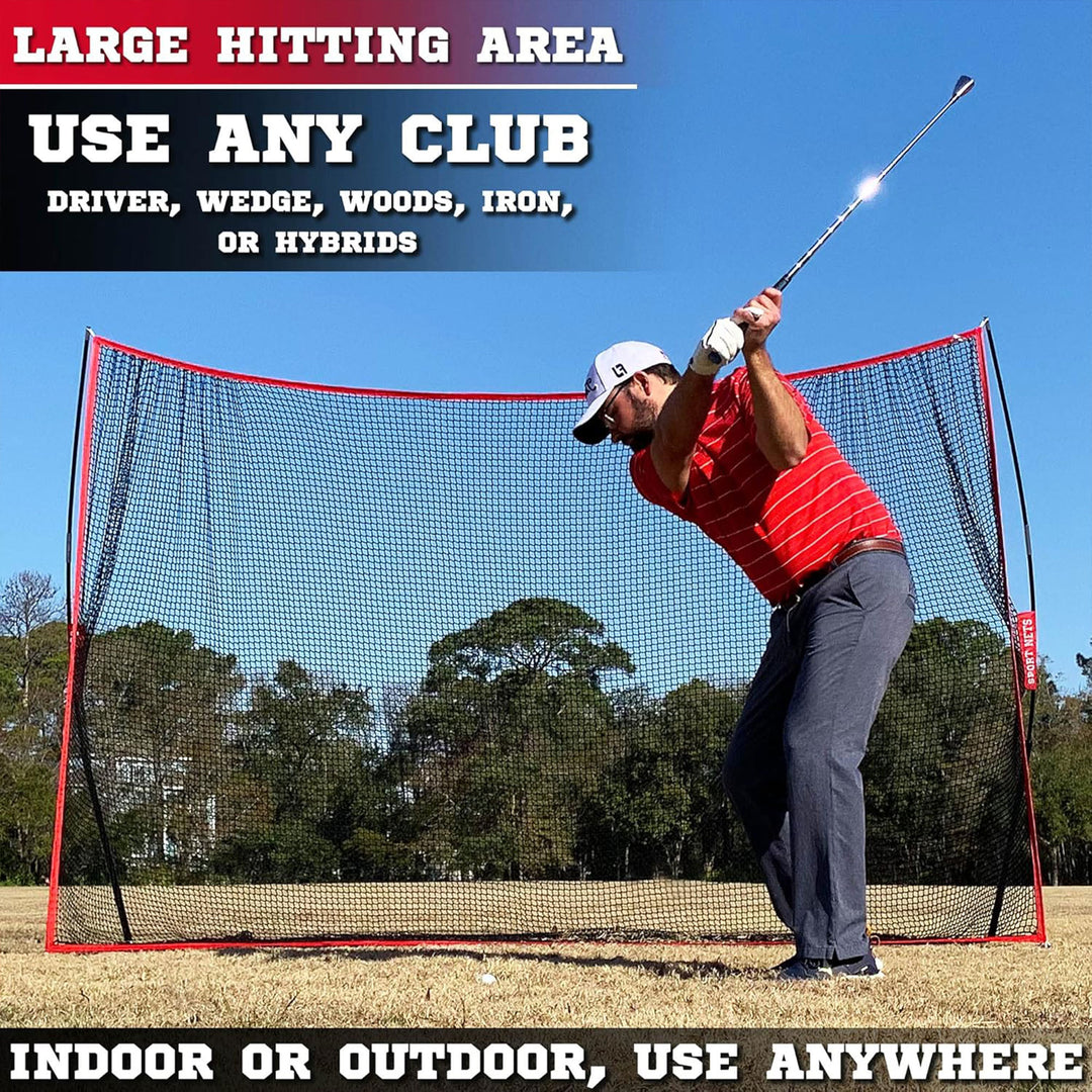 Hit Run Steal 10 x 7 Feet Golf Hitting Net for Indoor/Outdoor Use, Red/Black