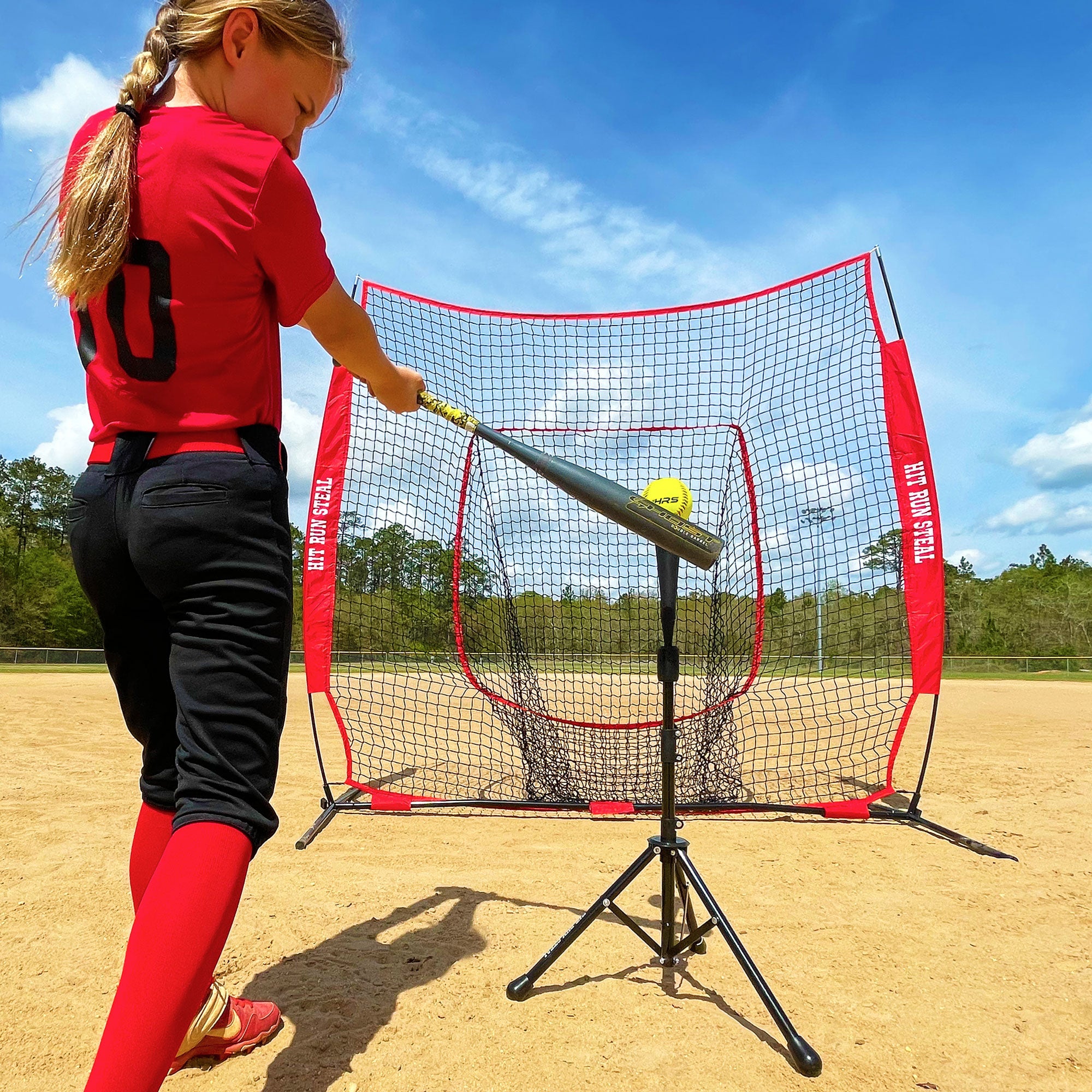 Hit Run Steal Heavy Duty Softball Baseball Net with Carrying Bag for Sports, Red - VMInnovations