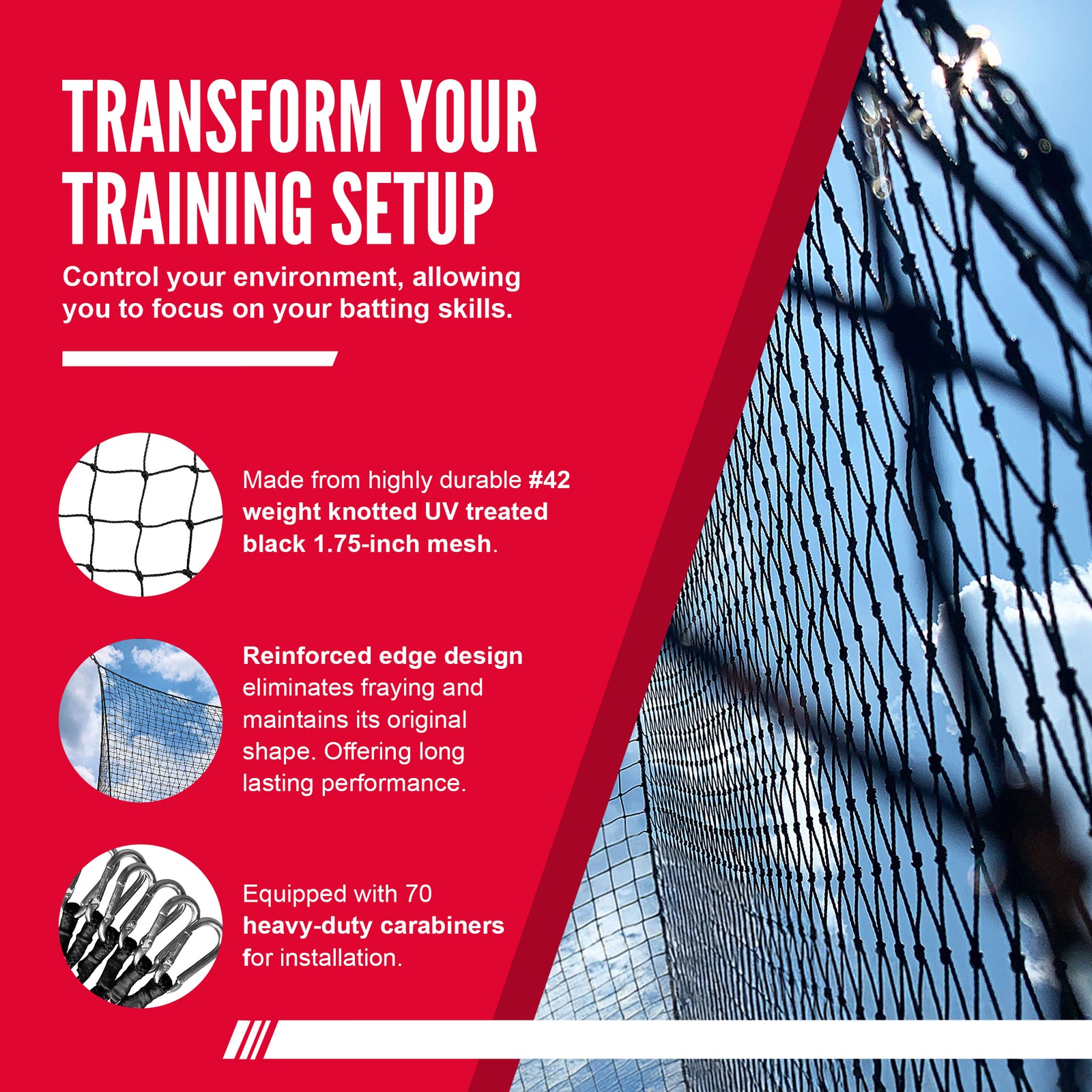 Hit Run Steal 12 x 14 x 70 Feet Premium Batting Cage Net Only, 1.75" Mesh, Black - VMInnovations