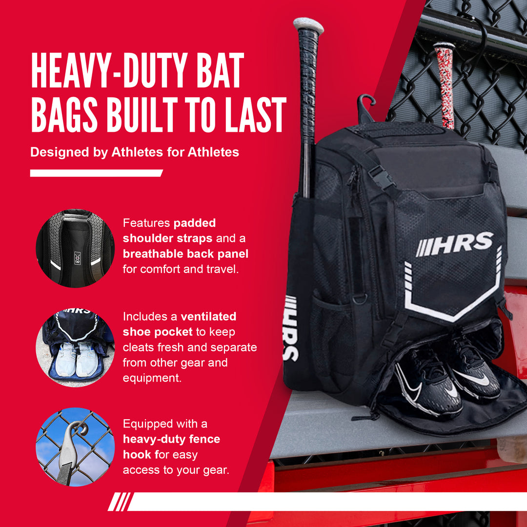 Hit Run Steal Bat Bag Backpack, Holds up to 4 Bats, Glove, and Helmet, Black