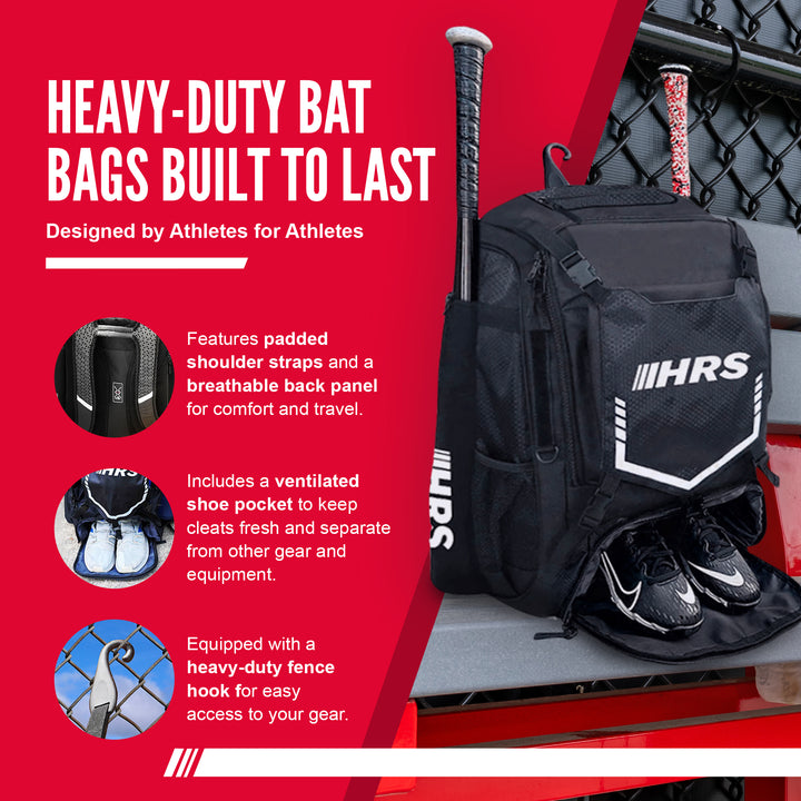 Hit Run Steal Bat Bag Backpack, Holds up to 4 Bats, Glove, and Helmet, Black