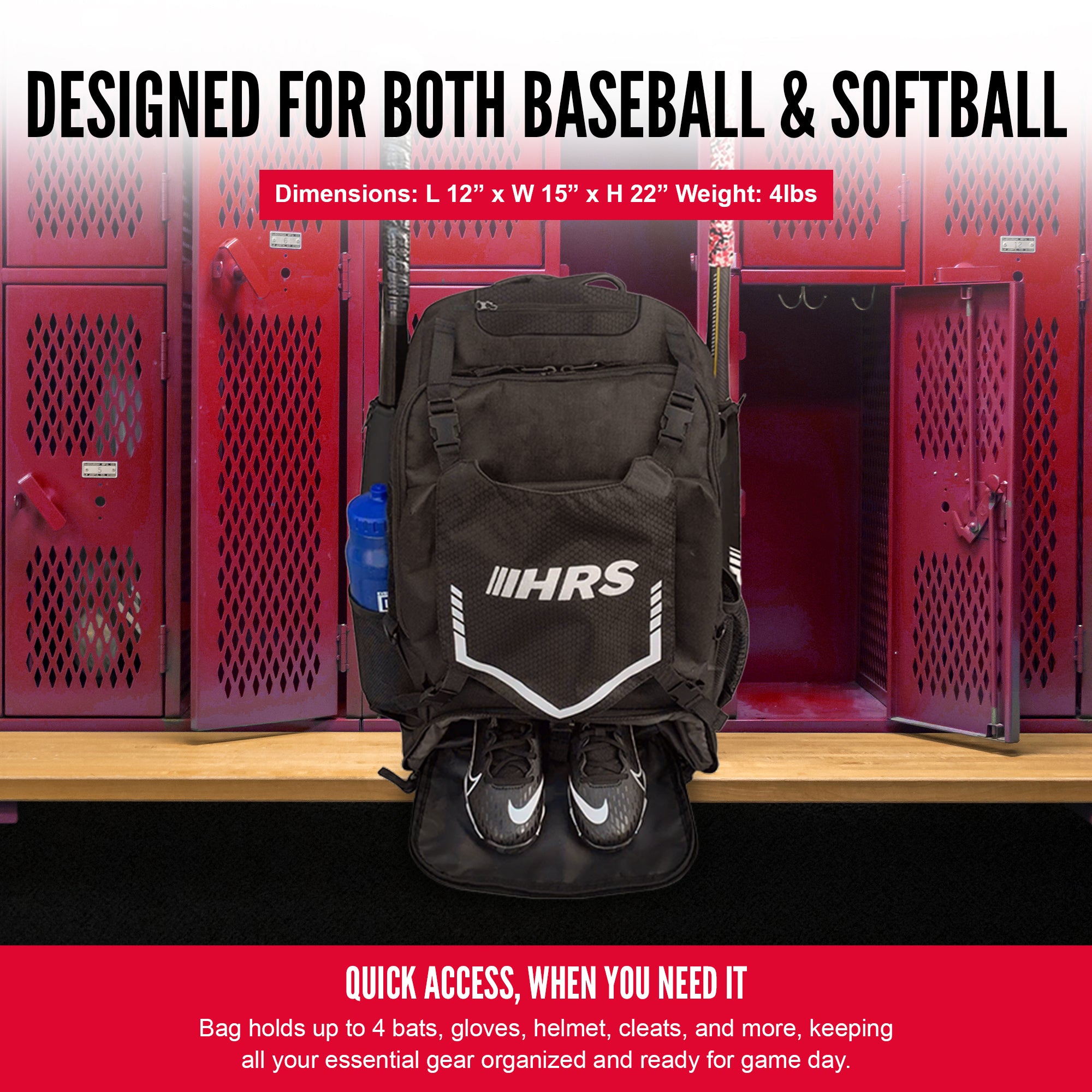 Hit Run Steal Bat Bag Backpack, Holds up to 4 Bats, Glove, and Helmet, Black - VMInnovations