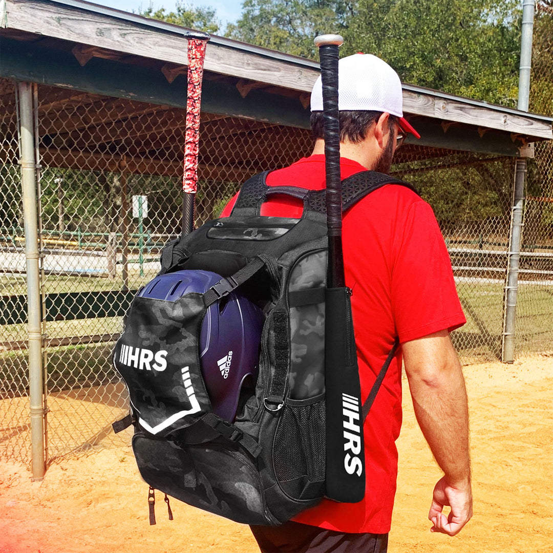 Hit Run Steal Bat Bag Backpack, Holds 4 Bats, Glove, and Helmet, Black Camo