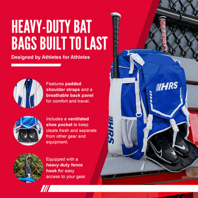 Hit Run Steal Bat Bag Backpack, Holds 4 Bats, Glove, and Helmet, Royal Blue - VMInnovations