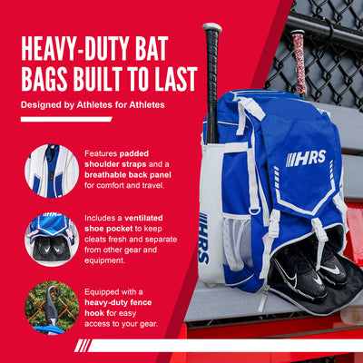 Hit Run Steal Bat Bag Backpack, Holds 4 Bats, Glove, and Helmet, Royal Blue