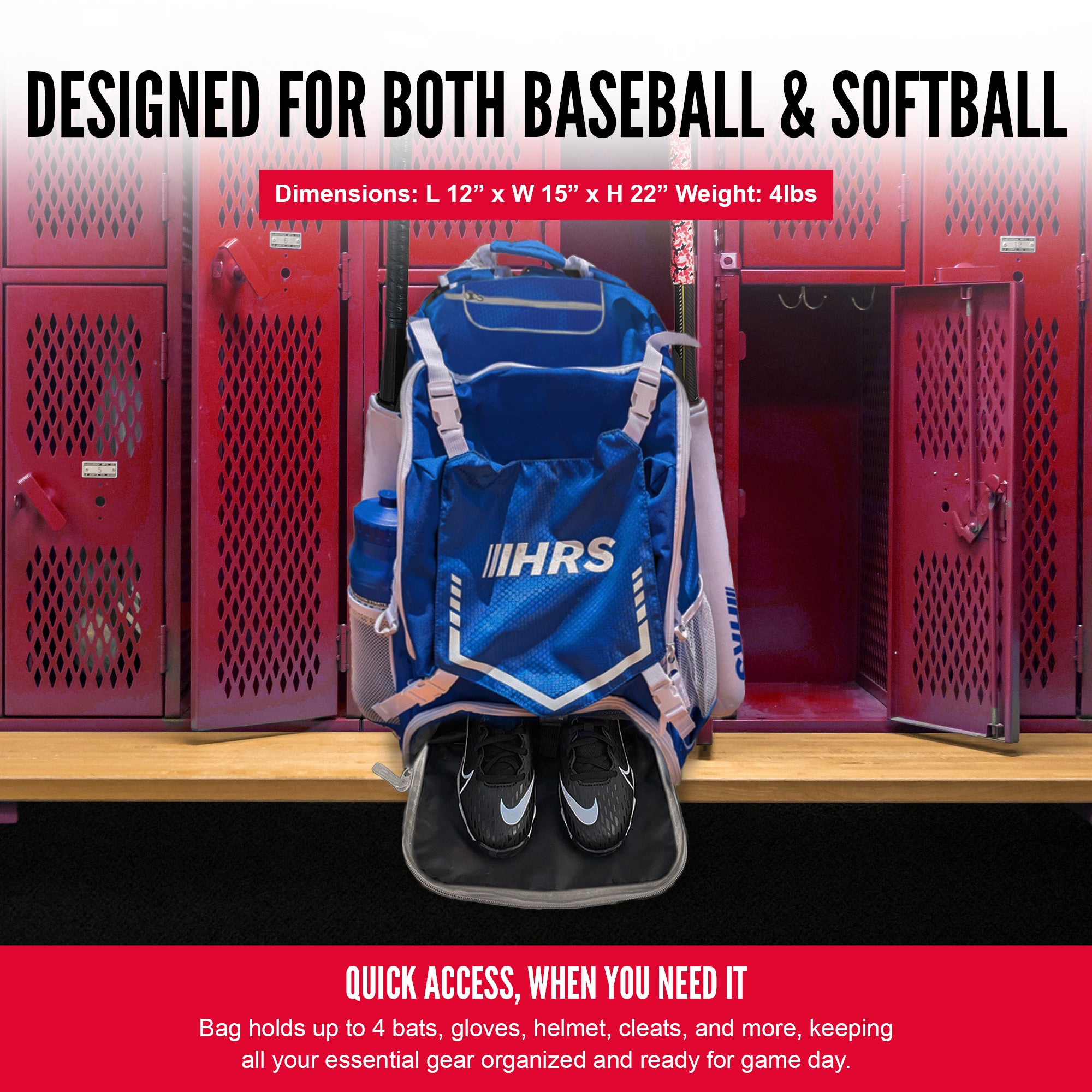 Hit Run Steal Bat Bag Backpack, Holds 4 Bats, Glove, and Helmet, Royal Blue - VMInnovations