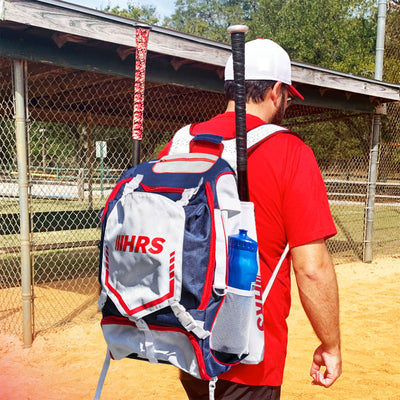 Hit Run Steal Bat Bag Backpack, Holds 4 Bats, Glove, and Helmet, Red/White/Blue - VMInnovations