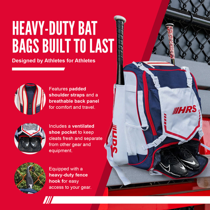 Hit Run Steal Bat Bag Backpack, Holds 4 Bats, Glove, and Helmet, Red/White/Blue