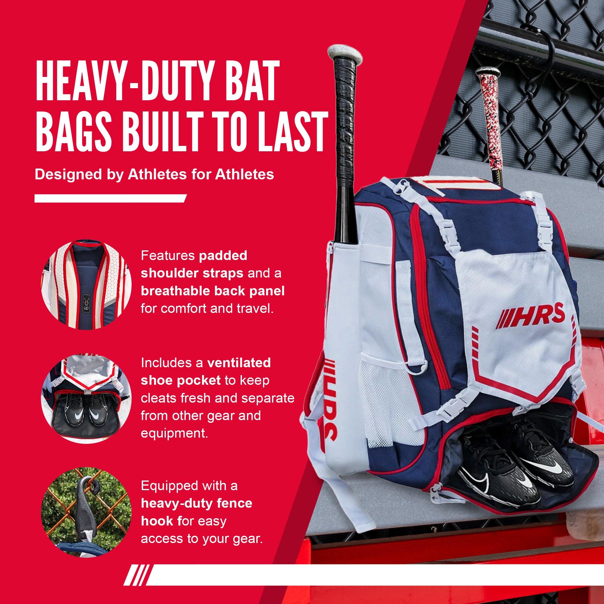 Hit Run Bag Backpack, Holds 4 Bats, Glove, & Helmet, Red/White/Blue (Open Box) - VMInnovations