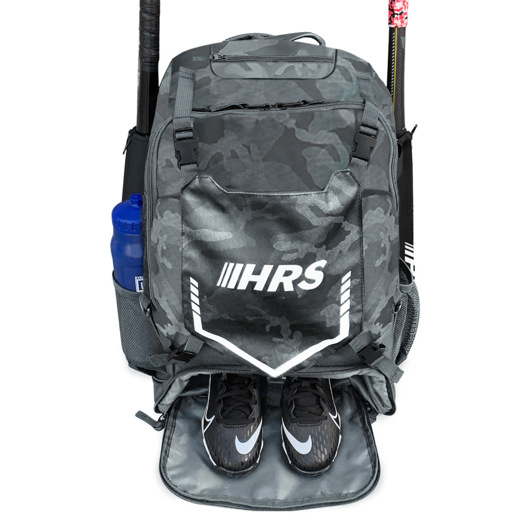 Hit Run Steal Bat Backpack, Holds up to 4 Bats, Glove, & Helmet, Gray Camo(Used)