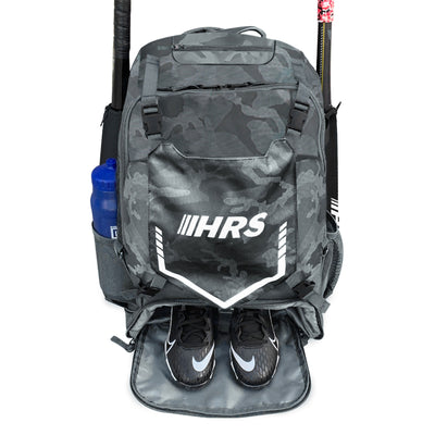 Hit Run Steal Bat Backpack, Holds up to 4 Bats, Glove, & Helmet, Gray Camo(Used)