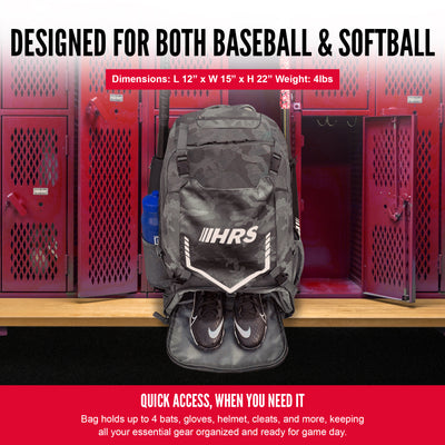 Hit Run Steal Bat Bag Backpack, Holds up to 4 Bats, Glove, and Helmet, Gray Camo