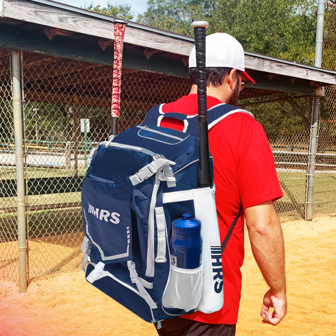 Hit Run Steal Bat Bag Backpack, Holds up to 4 Bats, Glove, and Helmet, Navy Blue