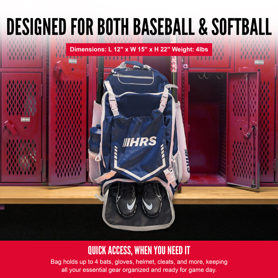 Hit Run Steal Bat Bag Backpack, Holds up to 4 Bats, Glove, and Helmet, Navy Blue