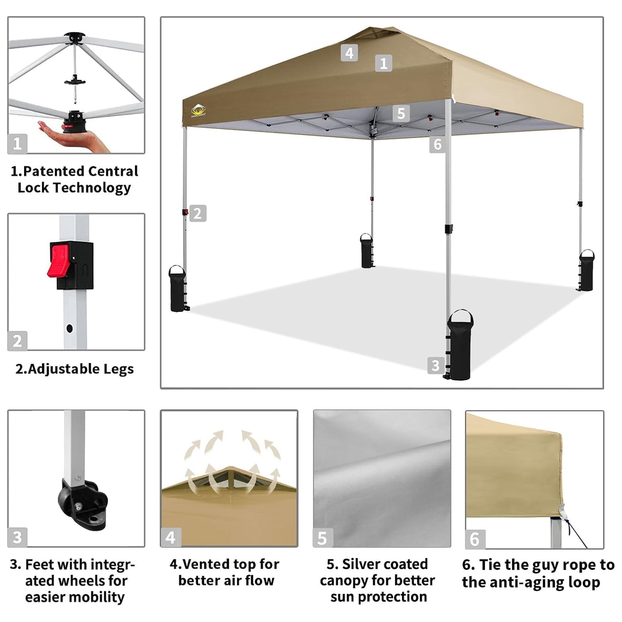 Crown Shades 10x10 Pop Up Canopy, Beach Tent w/Game Wall Netting, Khaki (Used) - VMInnovations