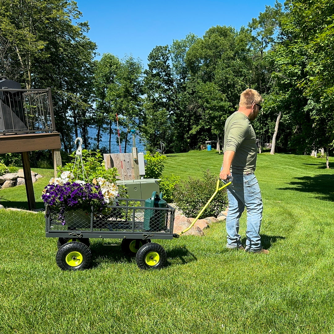 Yard Tuff 3 in 1 Dual-Side Dump Utility Wagon for Garden with Fold-Down Sides