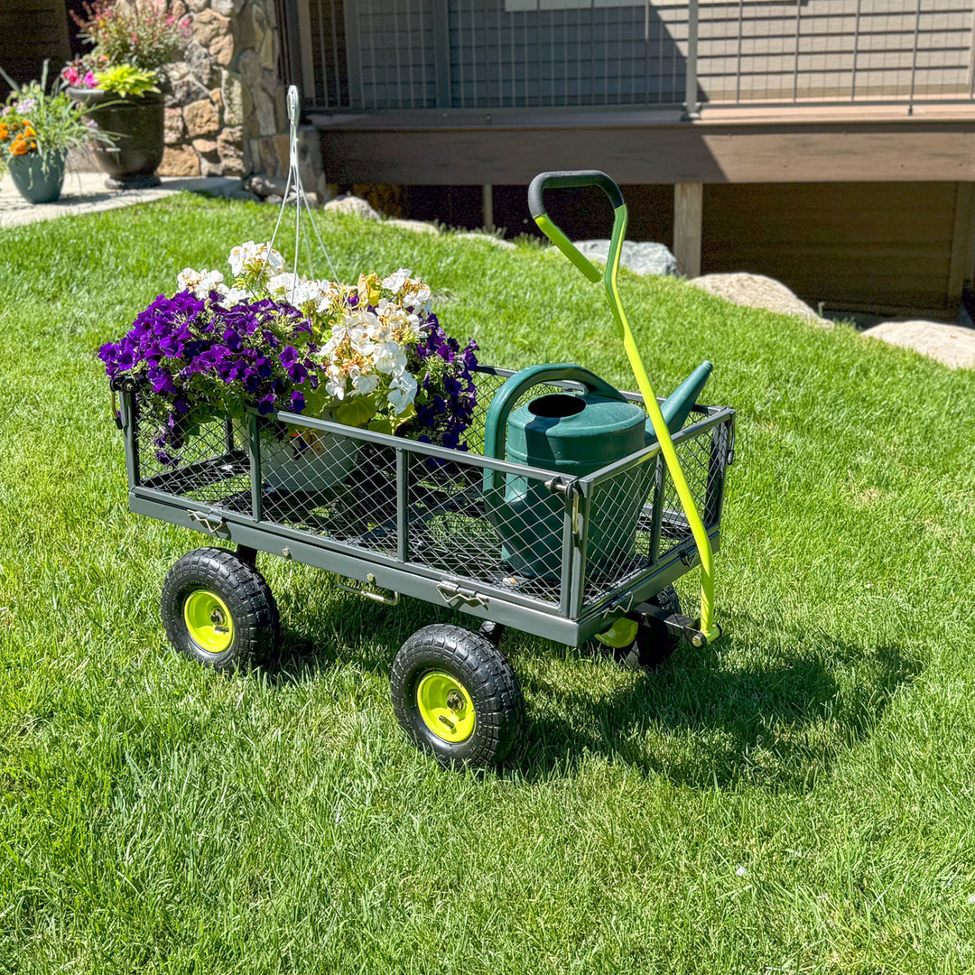 Yard Tuff 3 in 1 Dual-Side Dump Utility Wagon for Garden with Fold-Down Sides